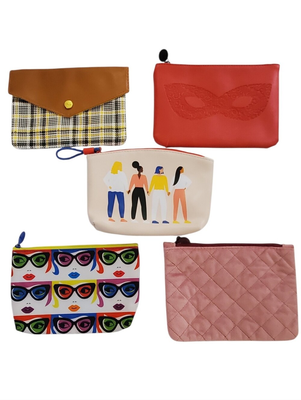 IPSY Bags Set of 5 Assorted Cosmetic Bags Plaid Madquerade Sunglasses Quilted